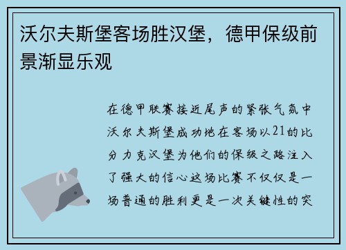沃尔夫斯堡客场胜汉堡，德甲保级前景渐显乐观